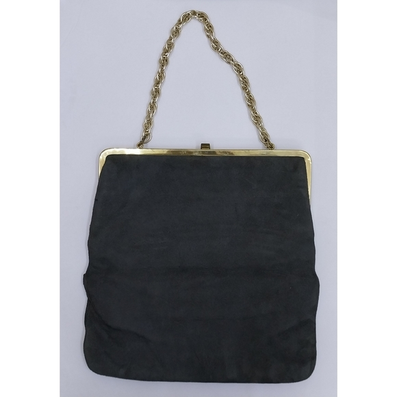 1950s Suede Shoulder Bag Convertible Clutch Madwed Gray Foldover Gold Chain - Picture 2 of 9